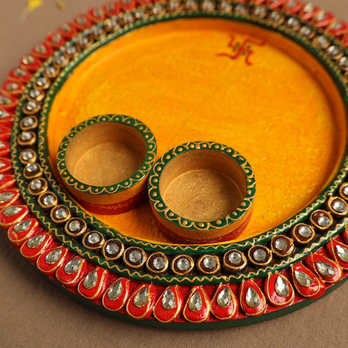 Diwali Decor Handpainted Wooden Pooja Thali 