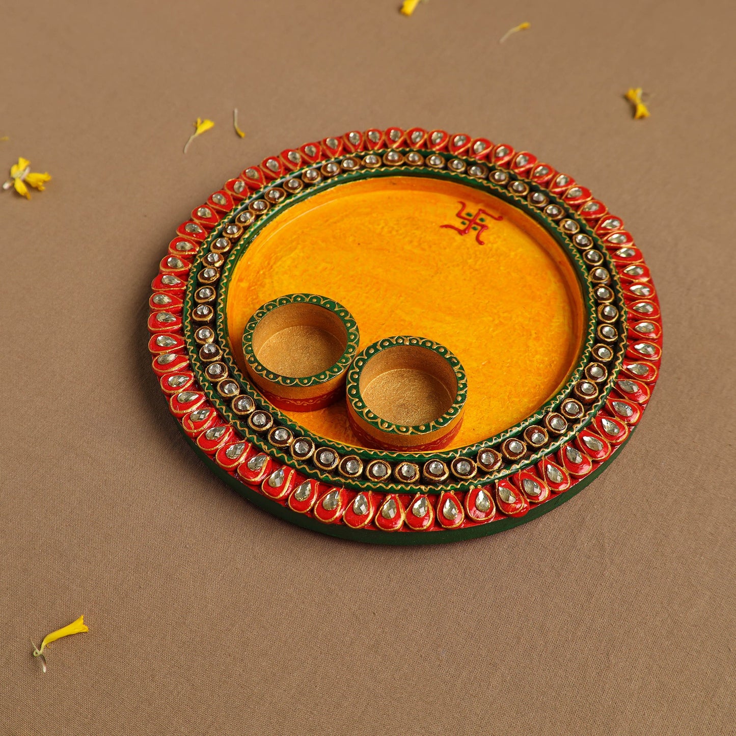 Diwali Decor Handpainted Wooden Pooja Thali 