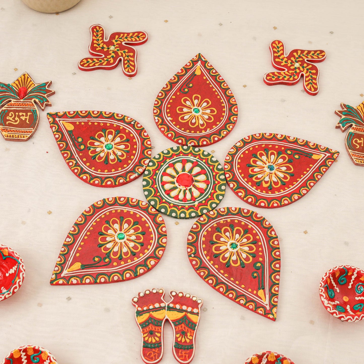 Diwali decor handpainted wooden rangoli set 10 - handcrafted