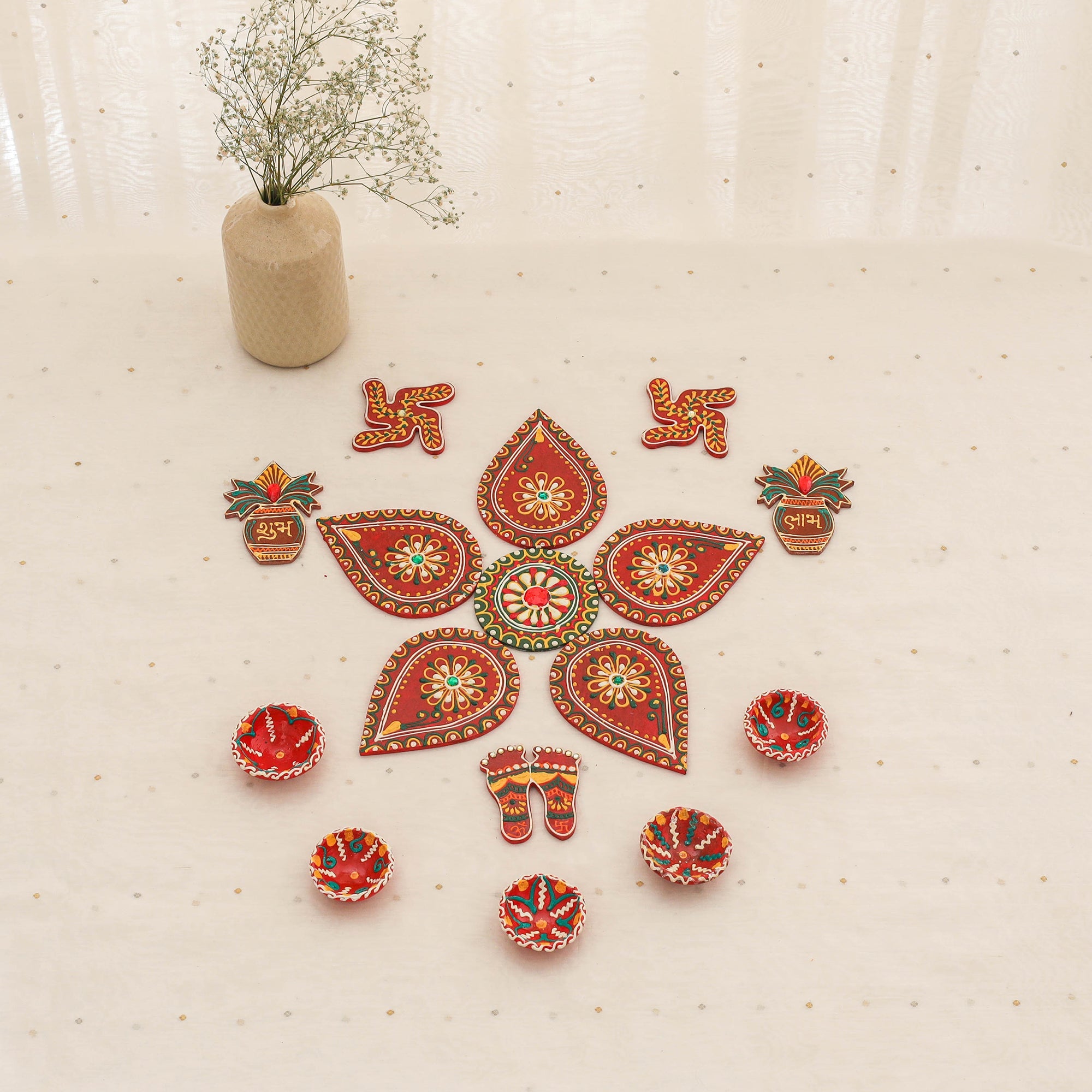 Diwali decor handpainted wooden rangoli set 10 - handcrafted