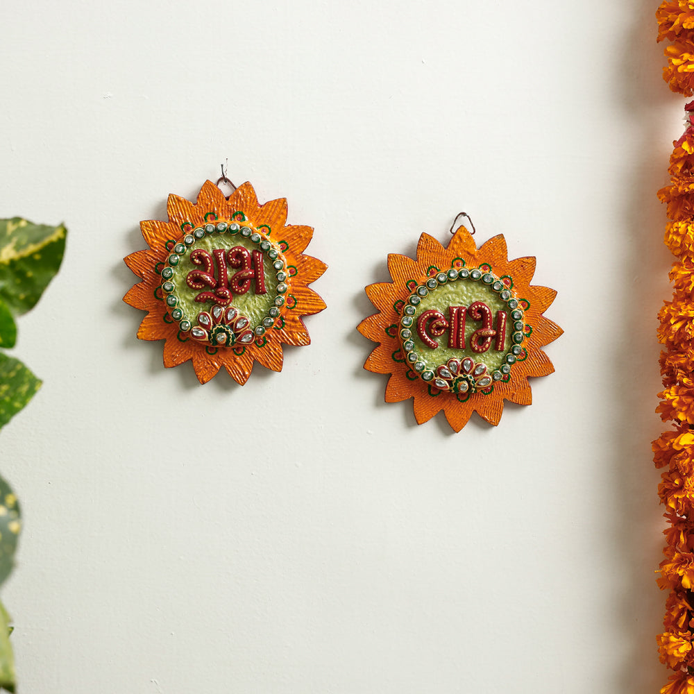  Diwali Decor Handpainted Wooden Shubh Labh Hangings (Set of 2) 