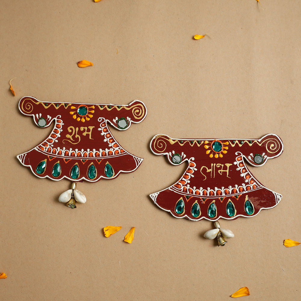  Diwali Decor Traditional Handpainted Wooden Shubh Labh (Set of 2) 