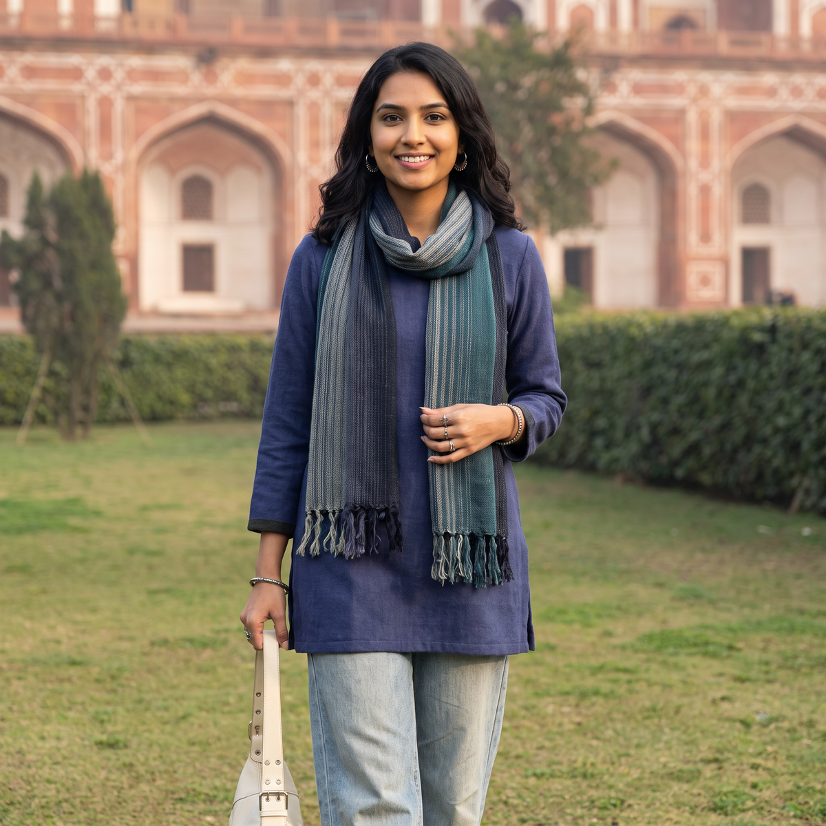 Multicolor Double Shade Kumaun Handwoven Pure Merino Wool Stole, worn by a woman, AI visual of the stole, iTokri