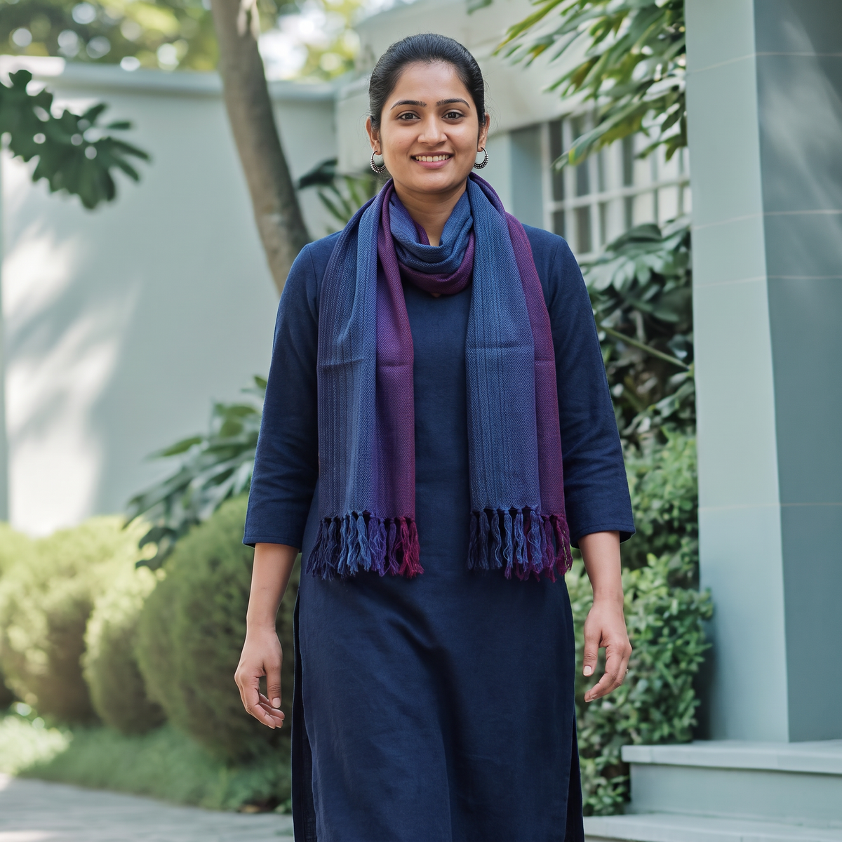 Blue Double Shade Kumaun Handwoven Pure Merino Wool Stole, worn by a woman, AI visual of the stole, iTokri