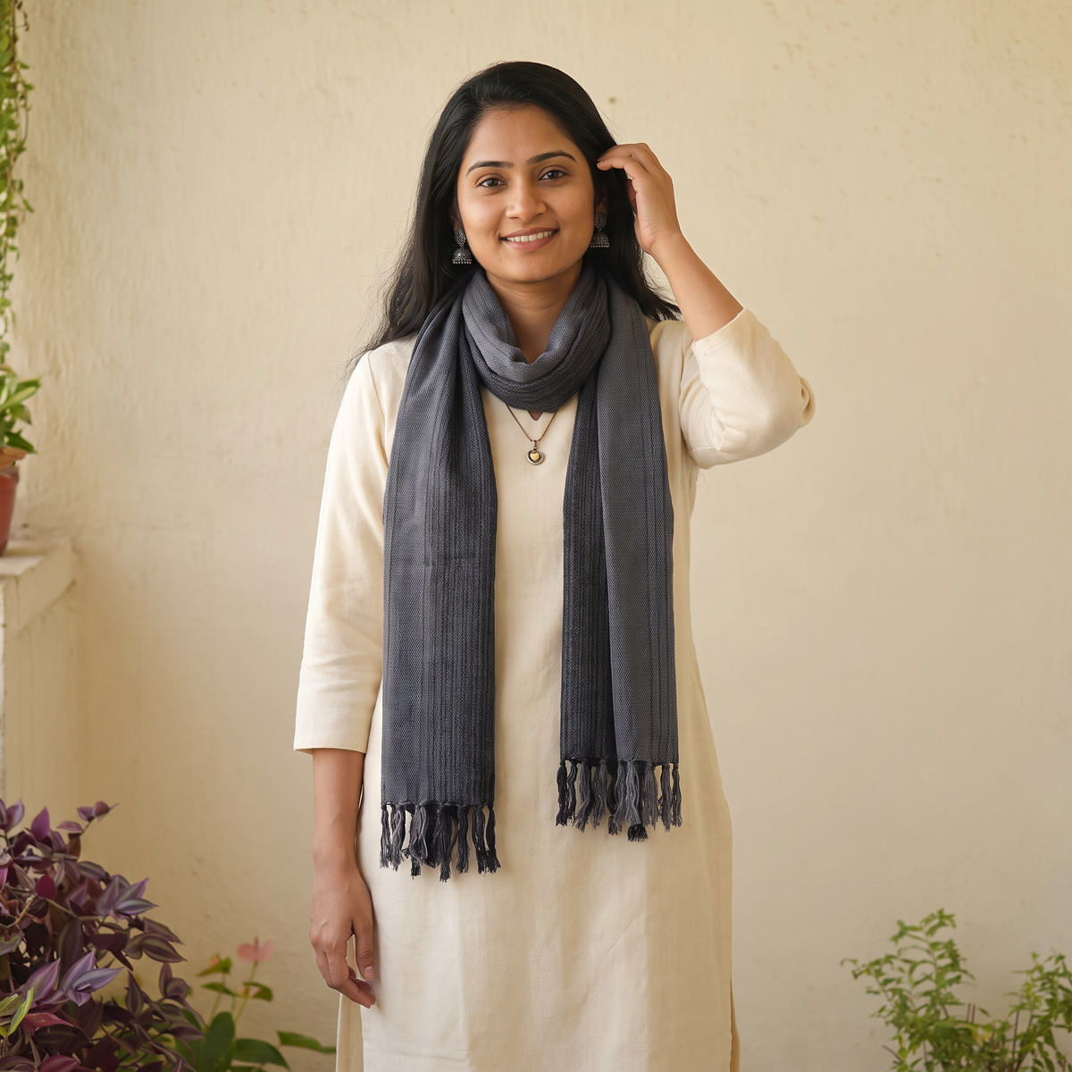 Grey Double Shade Kumaun Handwoven Pure Merino Wool Stole, worn by a woman, AI visual of the stole, iTokri
