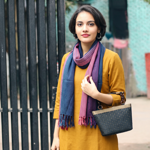 Multicolor Double Shade Kumaun Handwoven Pure Merino Wool Stole, worn by a woman, AI visual of the stole, iTokri