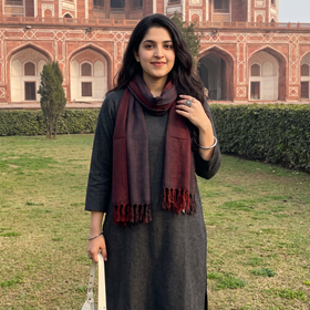 Multicolor Double Shade Kumaun Handwoven Pure Merino Wool Stole, worn by a woman, AI visual of the stole, iTokri