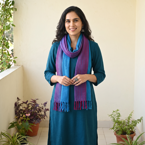 Multicolor Double Shade Kumaun Handwoven Pure Merino Wool Stole, worn by a woman, AI visual of the stole, iTokri