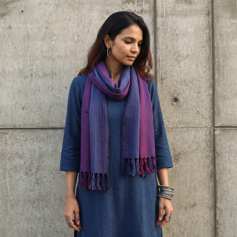 Multicolor Double Shade Kumaun Handwoven Pure Merino Wool Stole, worn by a woman, AI visual of the stole, iTokri