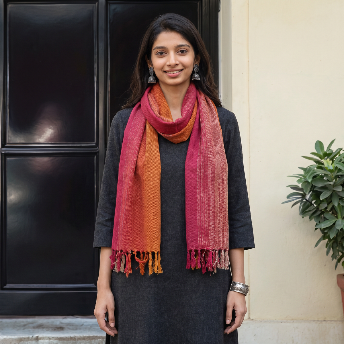 Multicolor Double Shade Kumaun Handwoven Pure Merino Wool Stole, worn by a woman, AI visual of the stole, iTokri