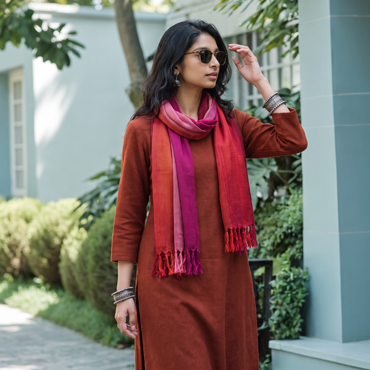 Multicolor Double Shade Kumaun Handwoven Pure Merino Wool Stole, worn by a woman, AI visual of the stole, iTokri