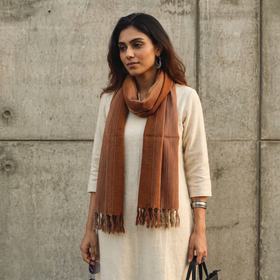 Brown Double Shade Kumaun Handwoven Pure Merino Wool Stole, worn by a woman, AI visual of the stole, iTokri