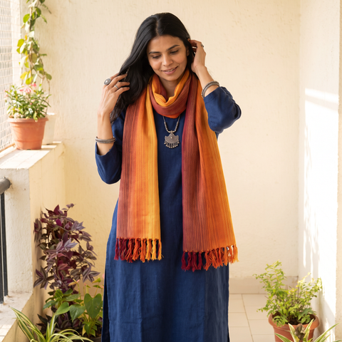 Multicolor Double Shade Kumaun Handwoven Pure Merino Wool Stole, worn by a woman, AI visual of the stole, iTokri