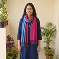 Multicolor Double Shade Kumaun Handwoven Pure Merino Wool Stole, worn by a woman, AI visual of the stole, iTokri