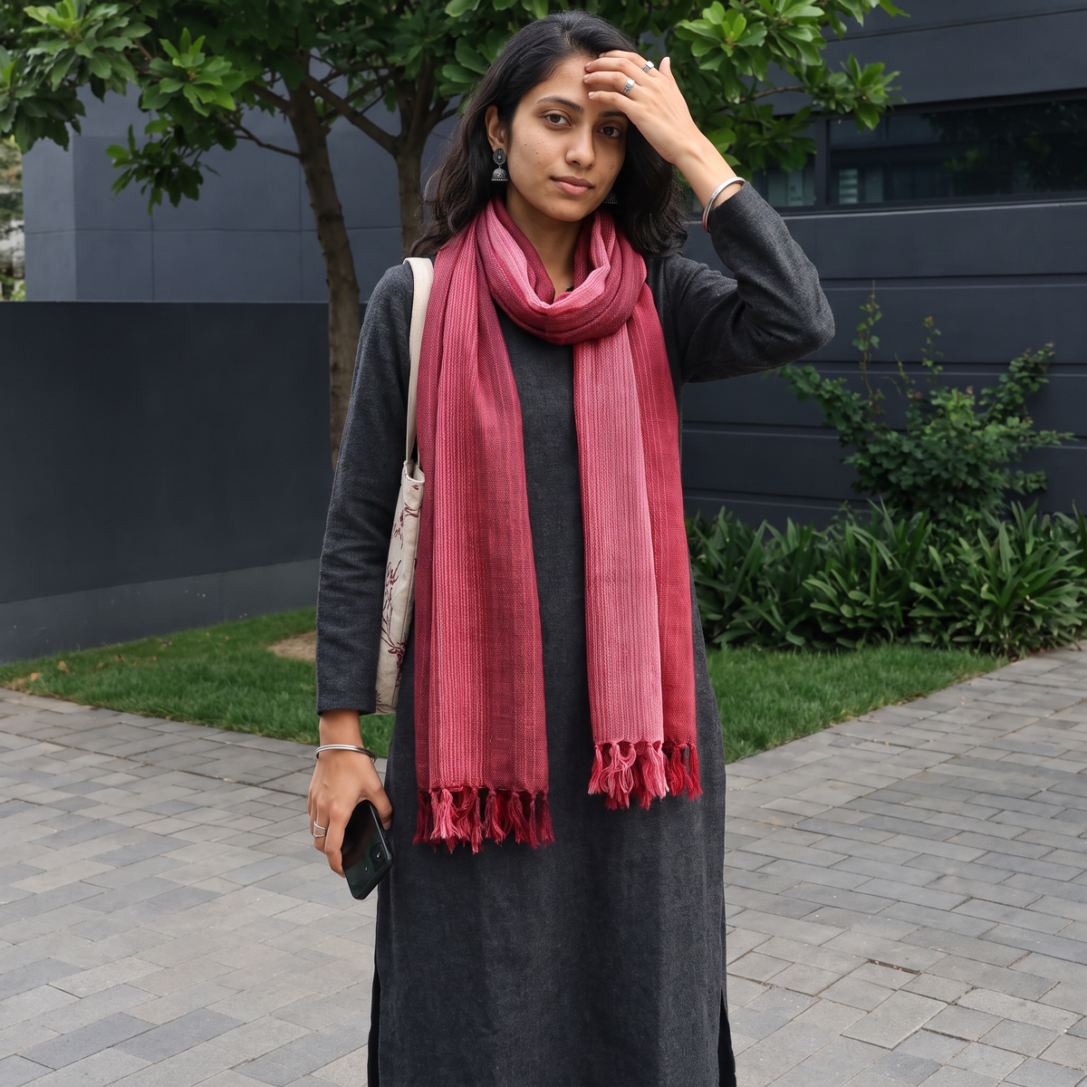 Pink Double Shade Kumaun Handwoven Pure Merino Wool Stole, worn by a woman, AI visual of the stole, iTokri