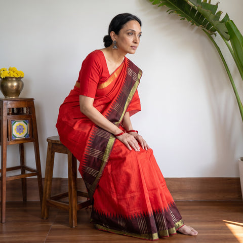Red Dupion Raw Silk Bhagalpuri Pure Handwoven Saree with Zari Border, draped and worn by a woman, AI visual of the saree, iTokri