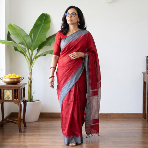 Red Dupion Raw Silk Bhagalpuri Pure Handwoven Saree with Zari Border, draped and worn by a woman, AI visual of the saree, iTokri
