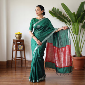 Green Dupion Raw Silk Bhagalpuri Pure Handwoven Saree with Zari Border, draped and worn by a woman, AI visual of the saree, iTokri