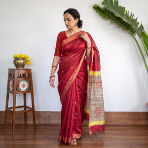 Red Dupion Raw Silk Bhagalpuri Pure Handwoven Saree with Zari Border, draped and worn by a woman, AI visual of the saree, iTokri