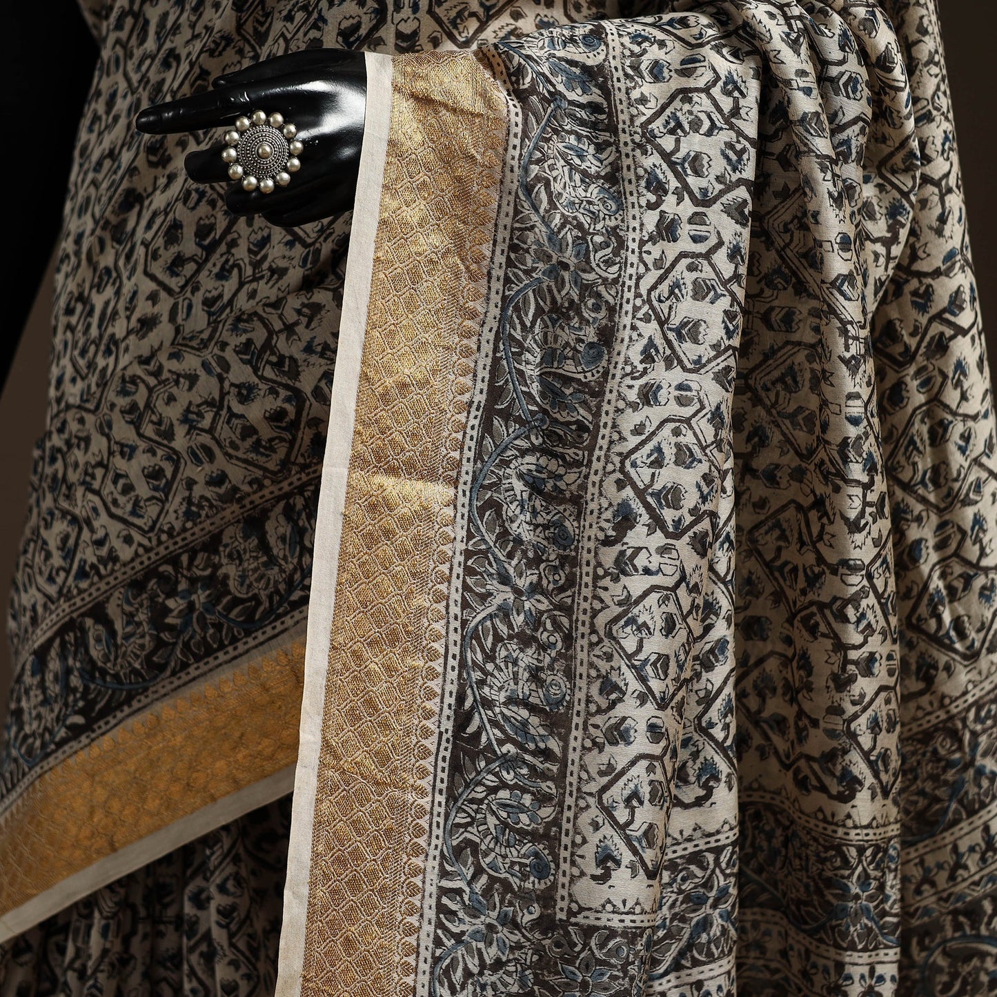 Black - natural dyed pedana chanderi silk kalamkari saree