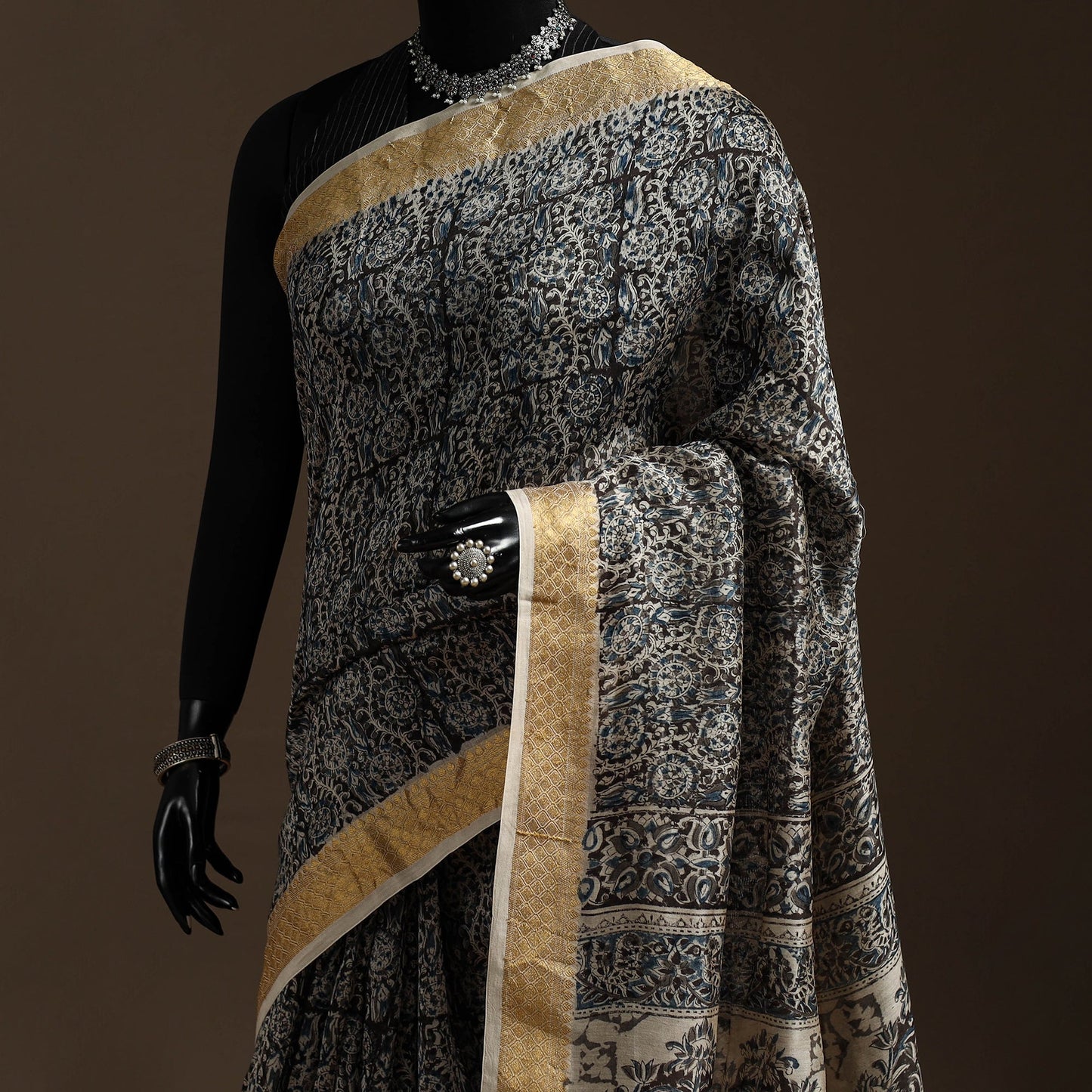 Black - natural dyed pedana chanderi silk kalamkari saree
