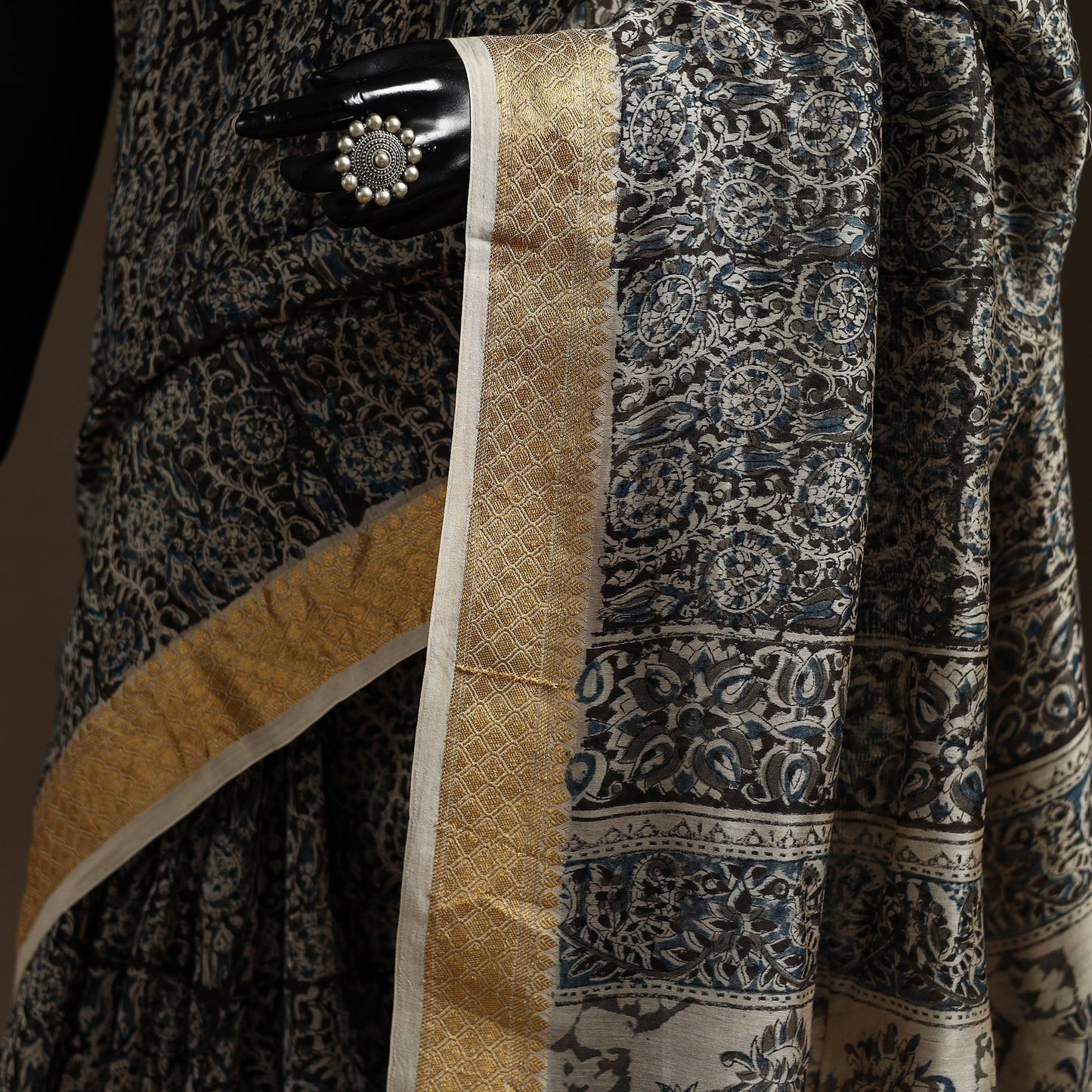 Black - natural dyed pedana chanderi silk kalamkari saree