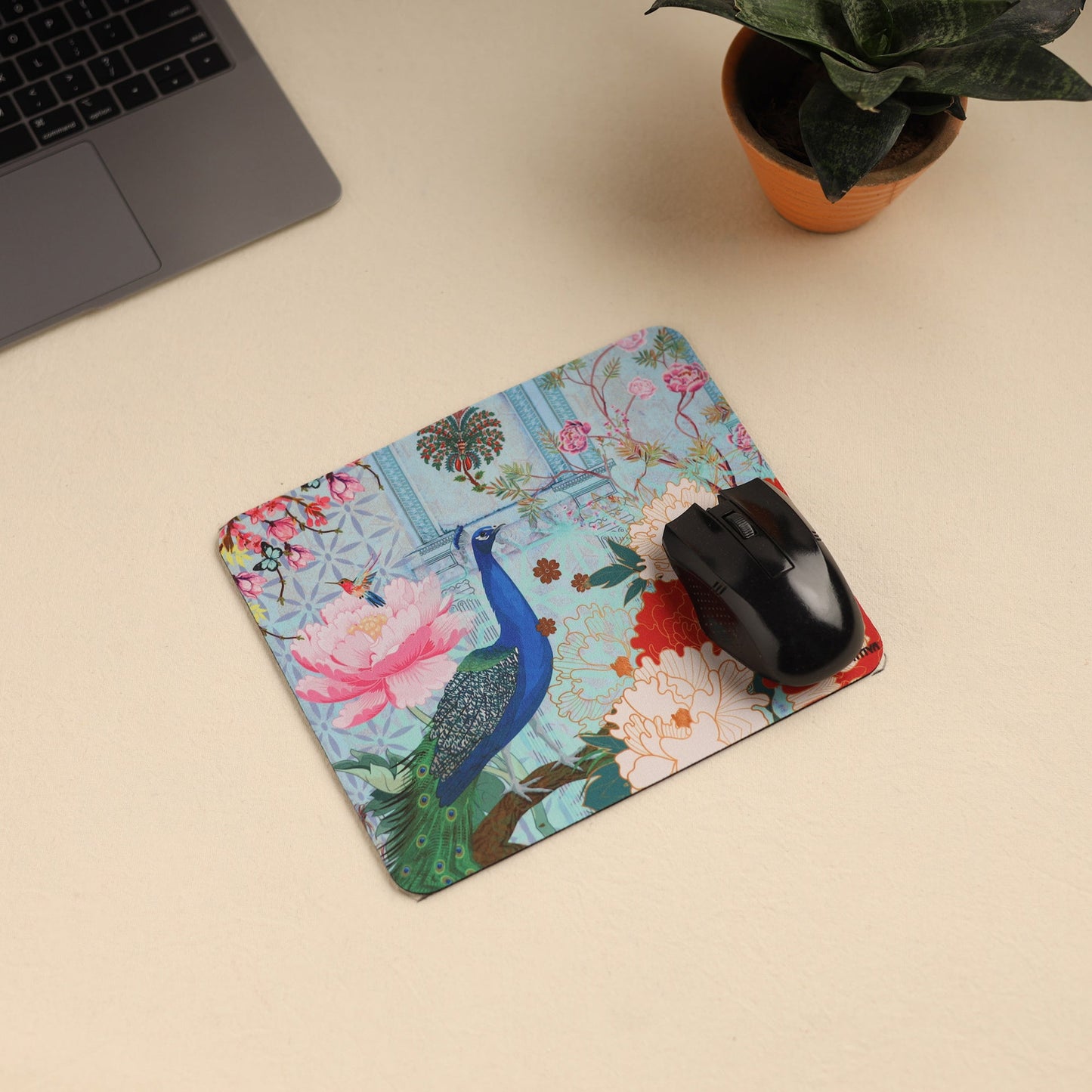 Elegant Peacock and Flower Mouse Pad