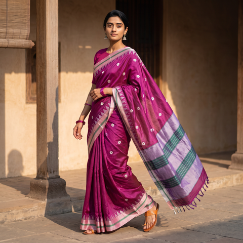 Purple Embroidered Silk Cotton Zari Border Saree with Border, draped and worn by a woman, AI visual of the saree, iTokri