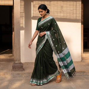 Green Embroidered Silk Cotton Zari Border Saree with Border, draped and worn by a woman, AI visual of the saree, iTokri