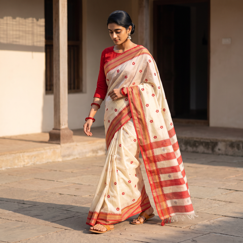 Beige Embroidered Silk Cotton Zari Border Saree with Border, draped and worn by a woman, AI visual of the saree, iTokri