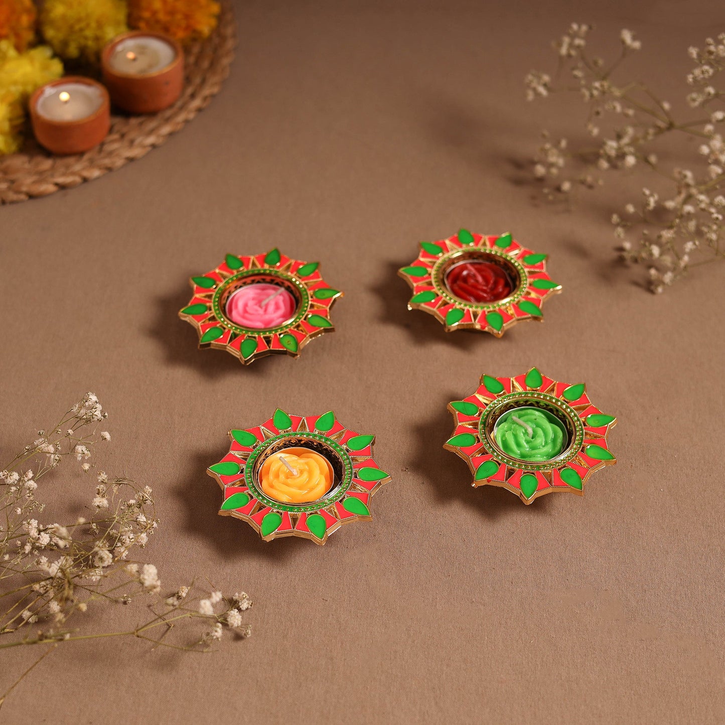 Enamel work tealight candle holder (set of 4) 07