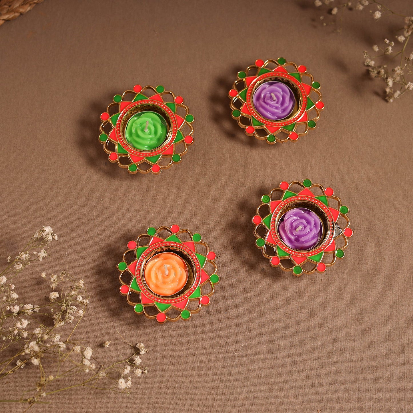 Enamel work tealight candle holder (set of 4) 09