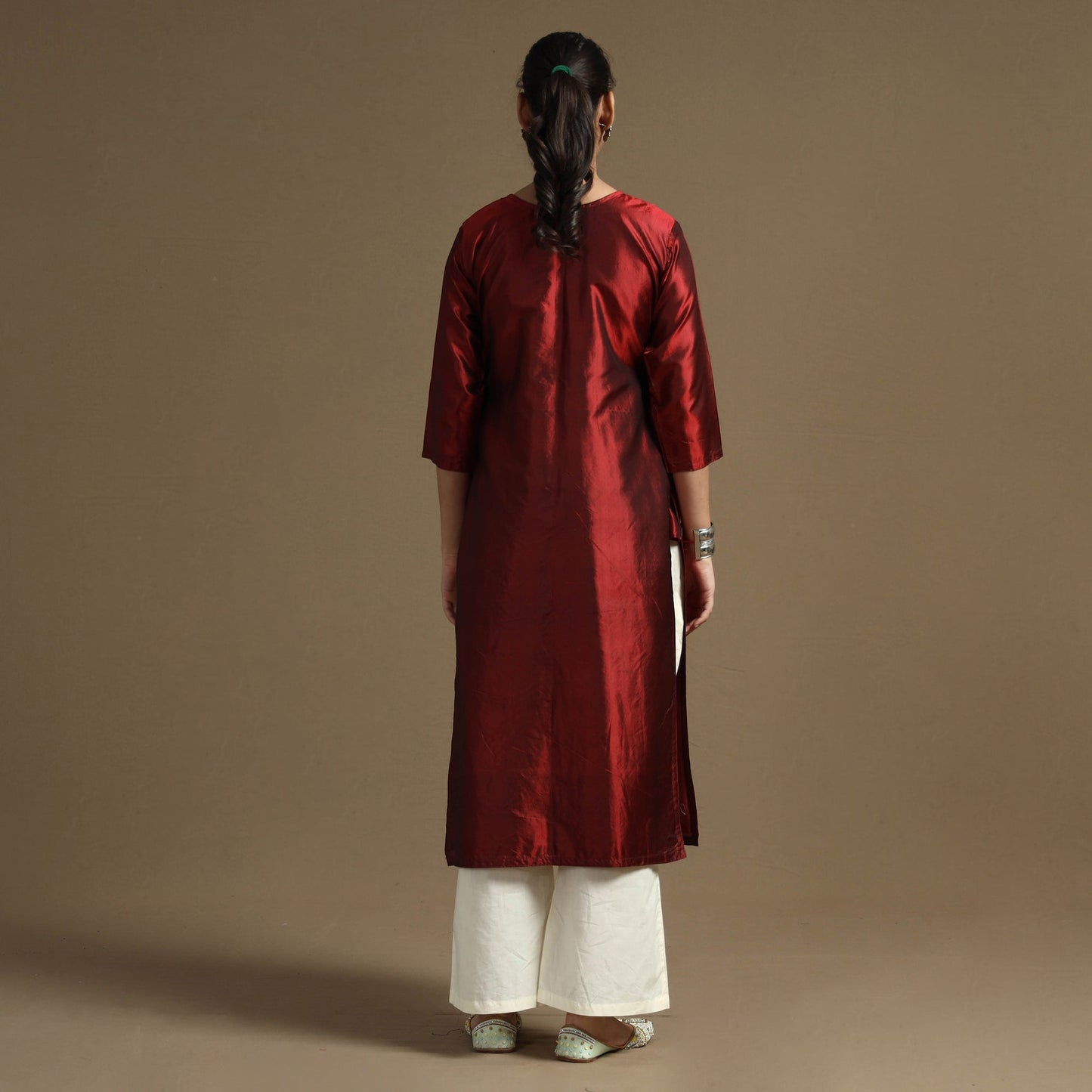 Ethnic maroon - plain pintuck pure silk kurta - handcrafted