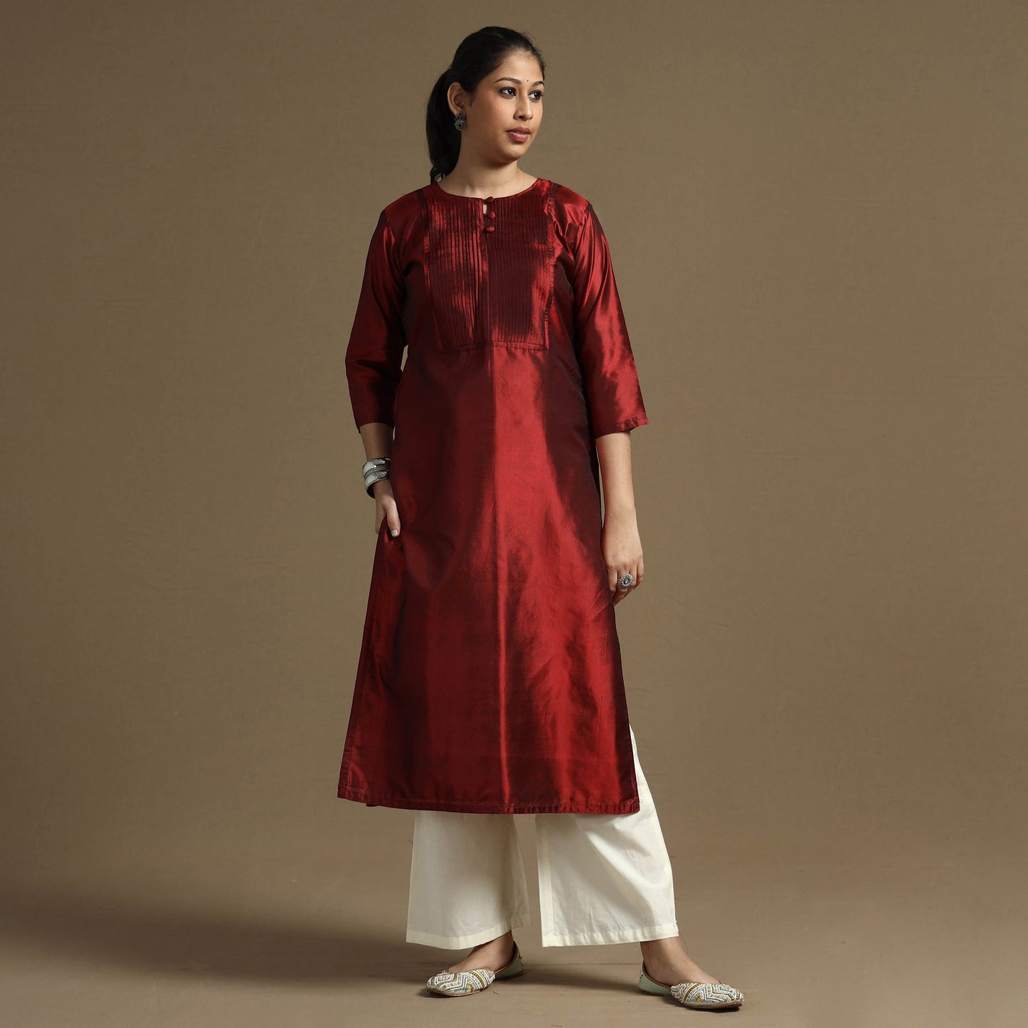 Ethnic maroon - plain pintuck pure silk kurta - handcrafted