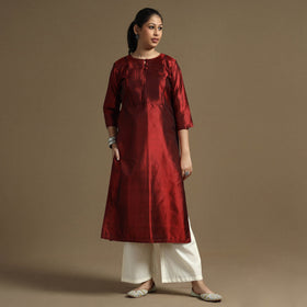 Ethnic maroon - plain pintuck pure silk kurta - handcrafted
