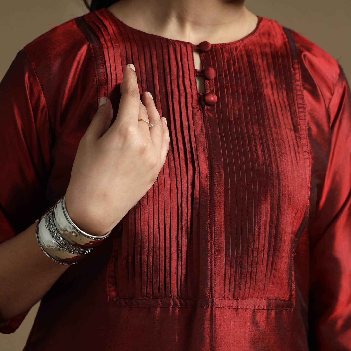 Ethnic maroon - plain pintuck pure silk kurta - handcrafted