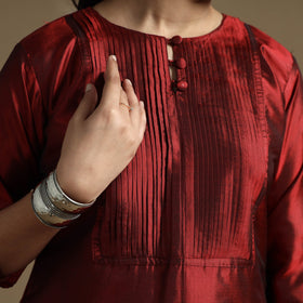 Ethnic maroon - plain pintuck pure silk kurta - handcrafted