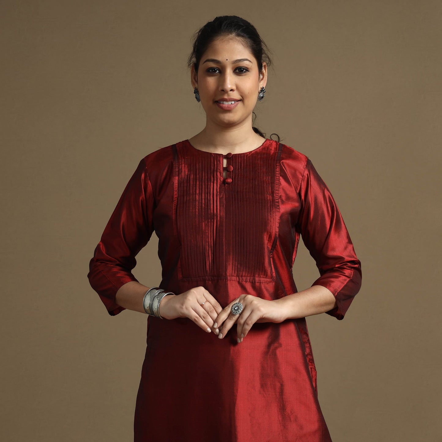 Ethnic maroon - plain pintuck pure silk kurta - handcrafted