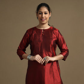 Ethnic maroon - plain pintuck pure silk kurta - handcrafted