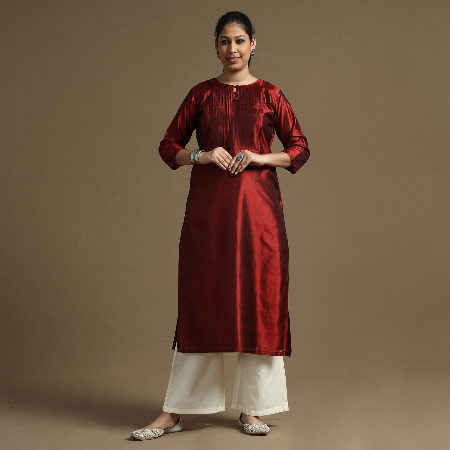 Ethnic maroon - plain pintuck pure silk kurta - handcrafted