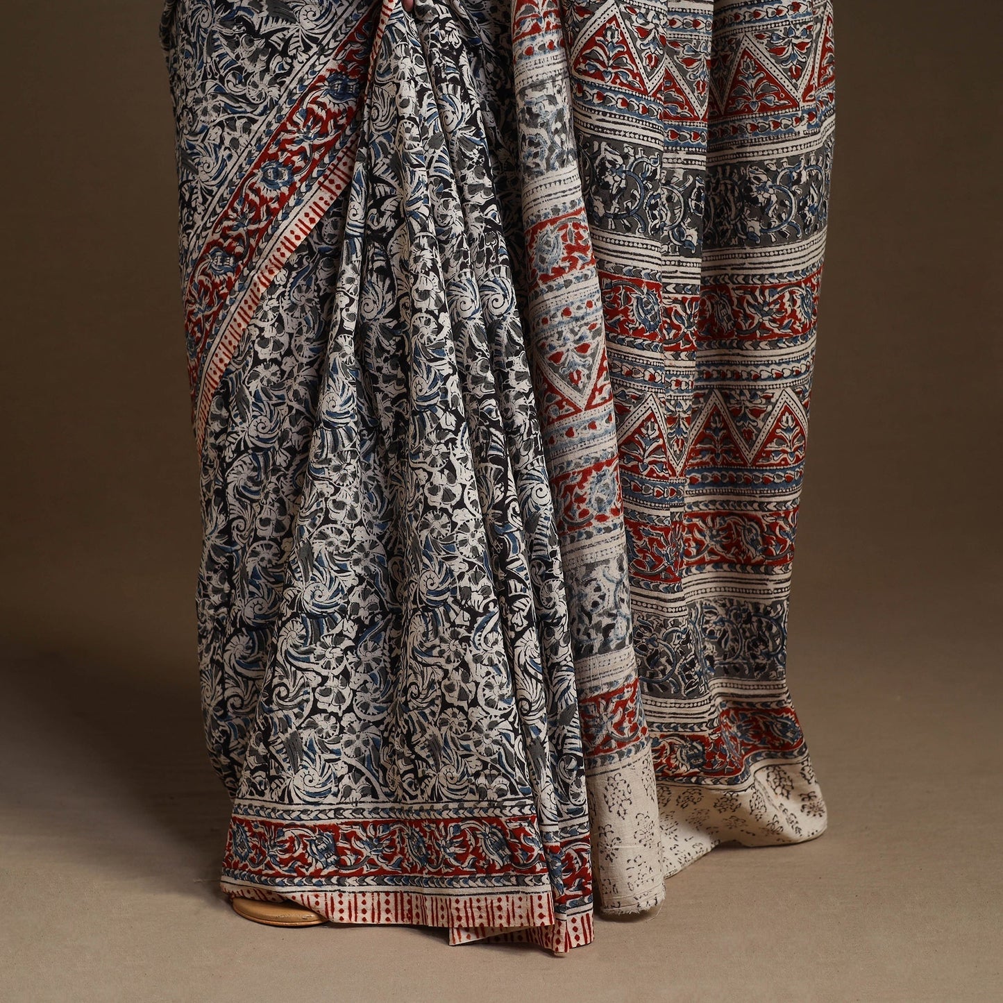 Black Pedana Block Print Cotton Kalamkari Saree