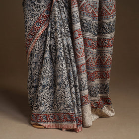 Black Pedana Block Print Cotton Kalamkari Saree