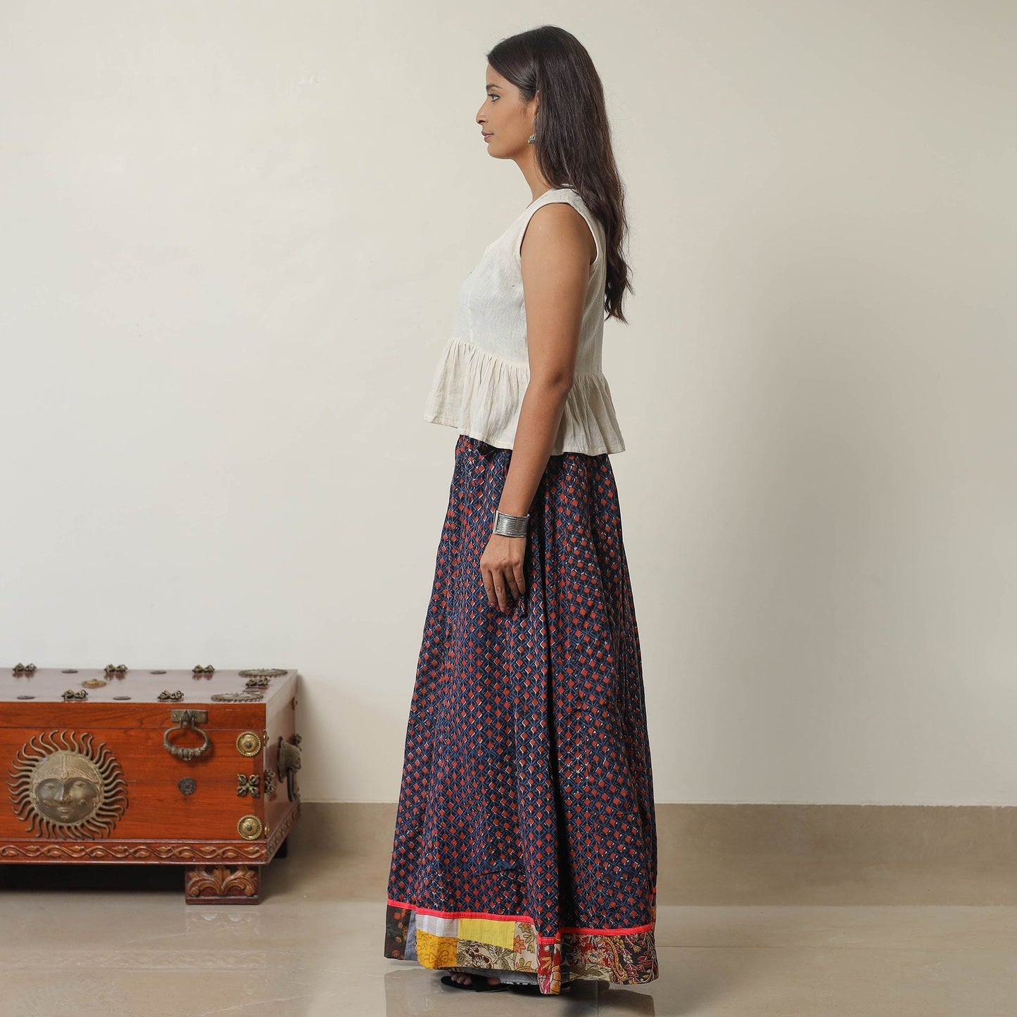  Bagru Block Printed 24 Kali Patchwork Cotton Long Skirt 42 