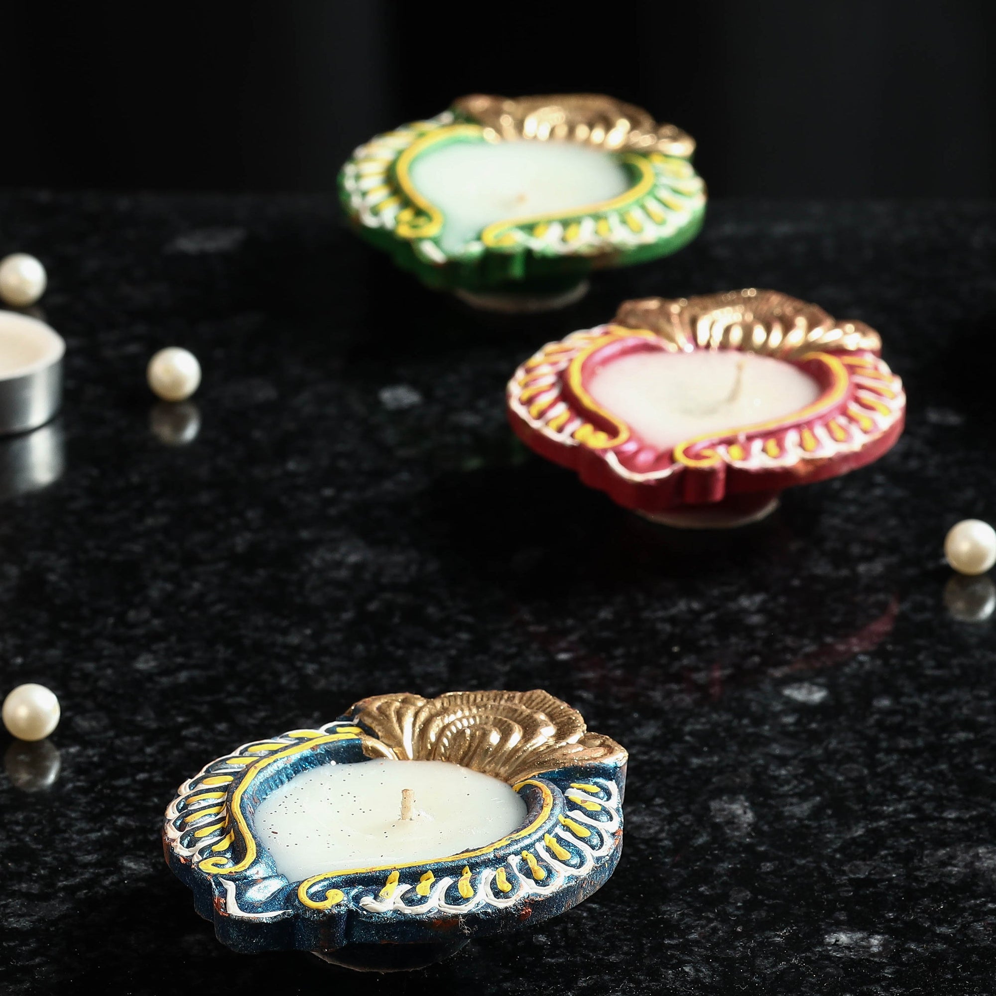  Festive Decor Handpainted Terracotta Wax Filled Diyas (Set of 4) Online at iTokri.com 