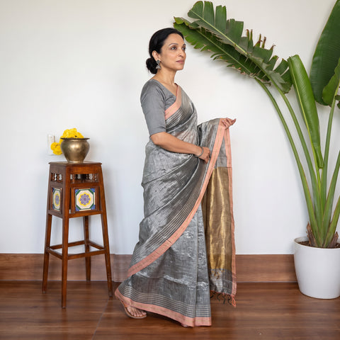 Grey Festive Desi Tussar Silk Bhagalpuri Handloom Saree, draped and worn by a woman, AI visual of the saree, iTokri