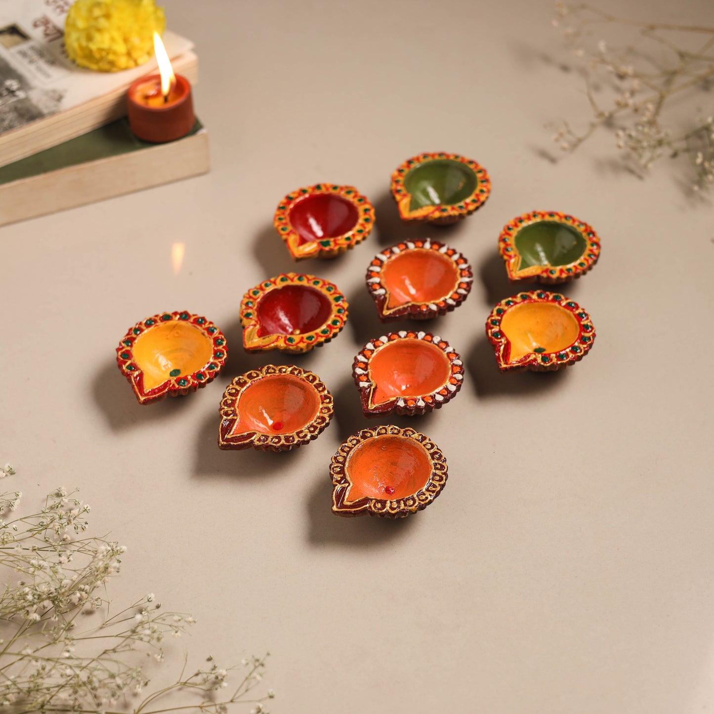 Festive handpainted clay diya (set of 10) 20 - handcrafted