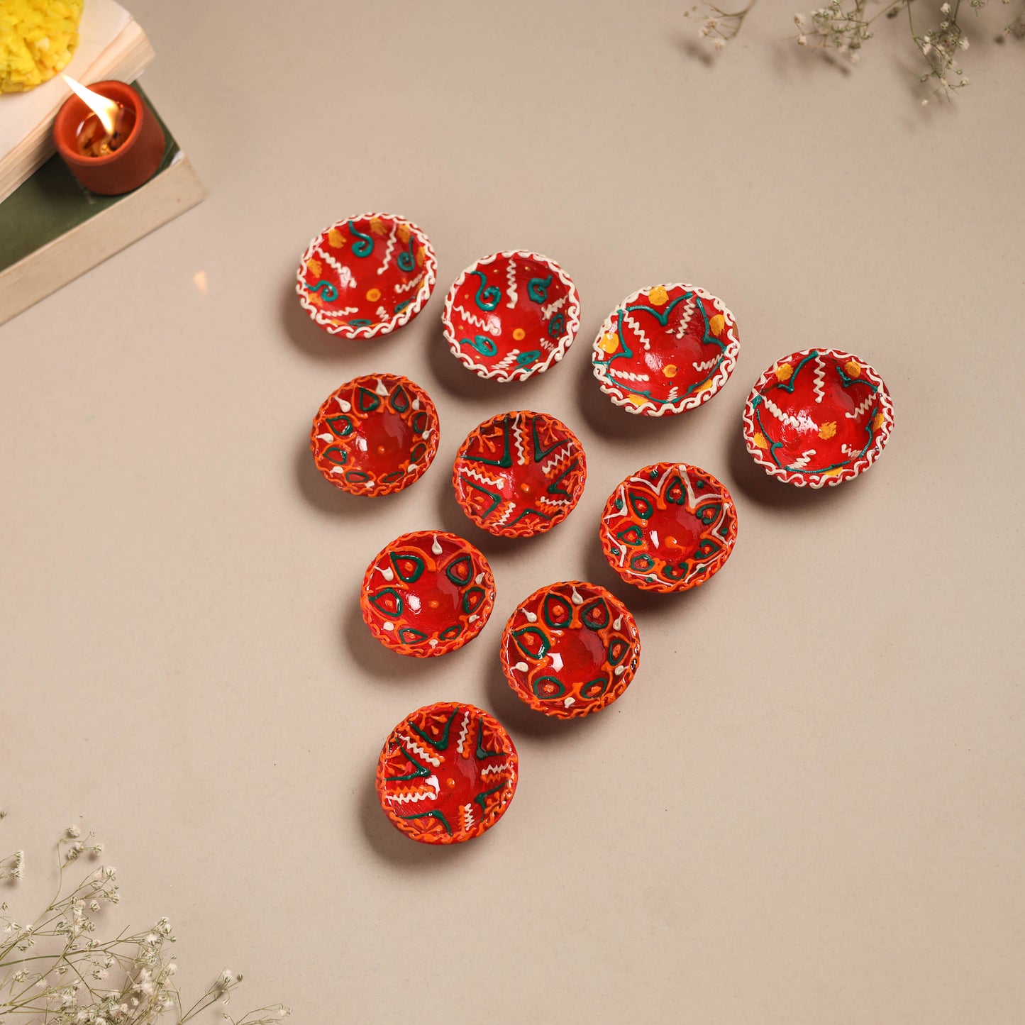 Festive handpainted clay diya (set of 10) 25 - handcrafted