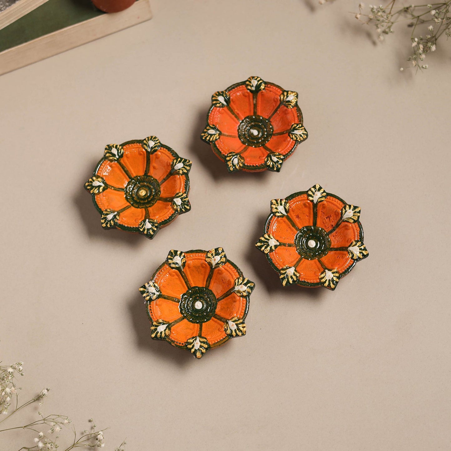 Festive handpainted clay diya (set of 4) 03 - handcrafted