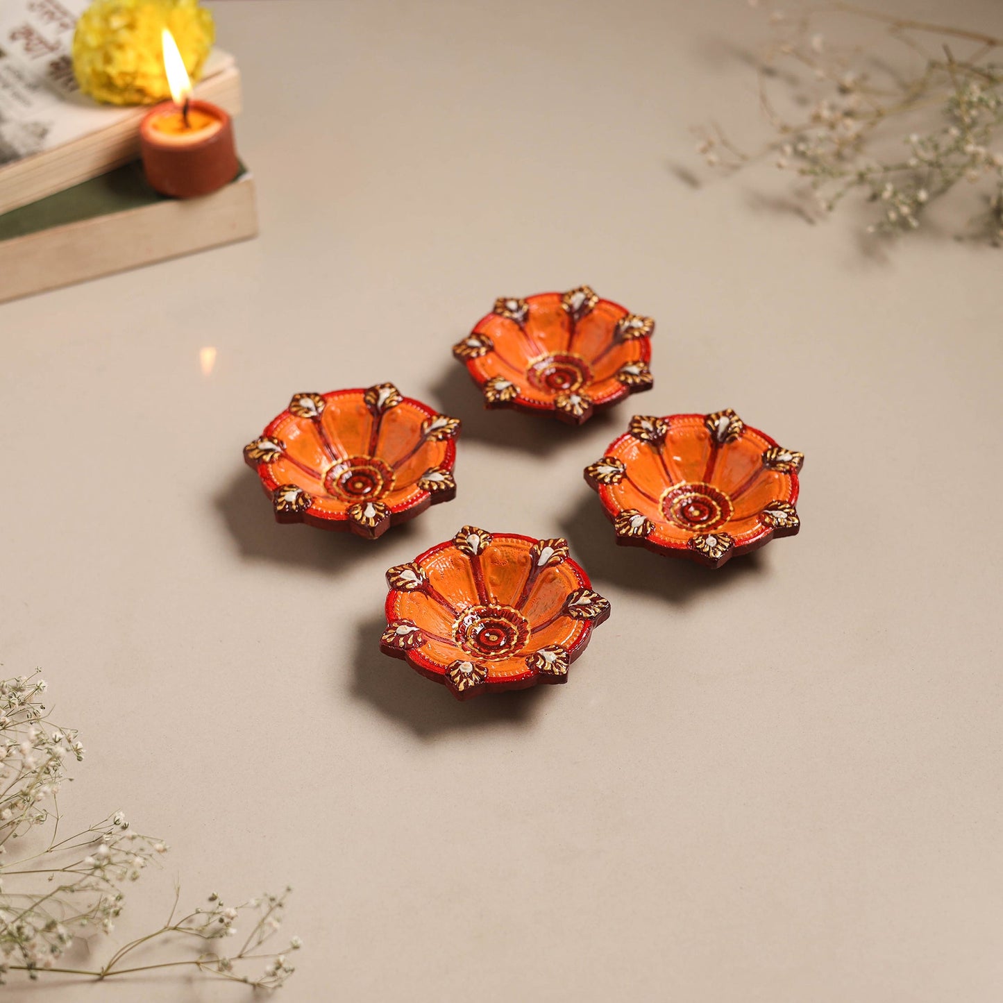 Festive handpainted clay diya (set of 4) 06 - handcrafted