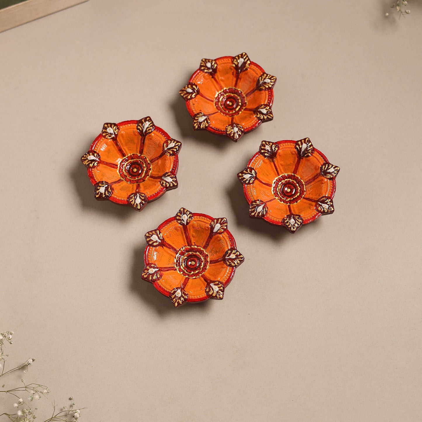 Festive handpainted clay diya (set of 4) 06 - handcrafted